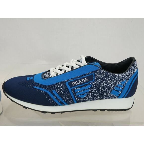 NIB PRADA 2EG272 BLUE FABRIC TRAINERS KNIT LOGO LACE UP SNEAKERS 8 US 9 ITALY - Picture 6 of 12